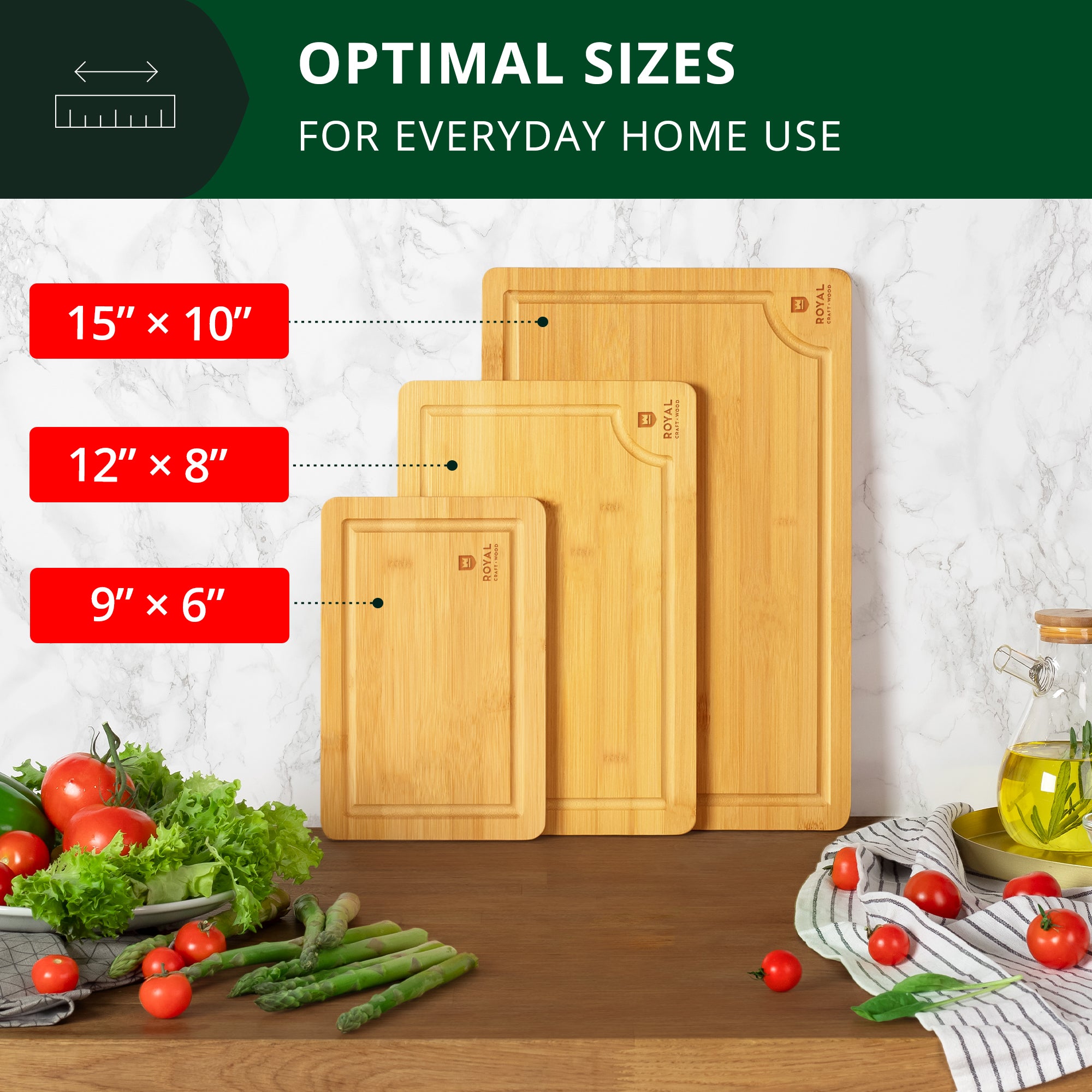 𝐋𝐮𝐱𝐮𝐫𝐲 Bamboo Cutting Board for Kitchen - Chopping Board w/Juice Groove & Easy Grip Handle - Organic Wooden Cutting Boards for Meat, Cheese, Fruits & Vegetables (Set of 3)